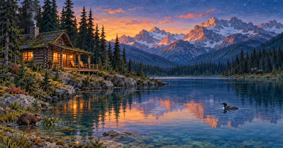 Der Traum von Westkanada KI-Illustration einer Blockhütte am Bergsee bei Sonnenuntergang, mit Biber, Seetaucher und Elch.